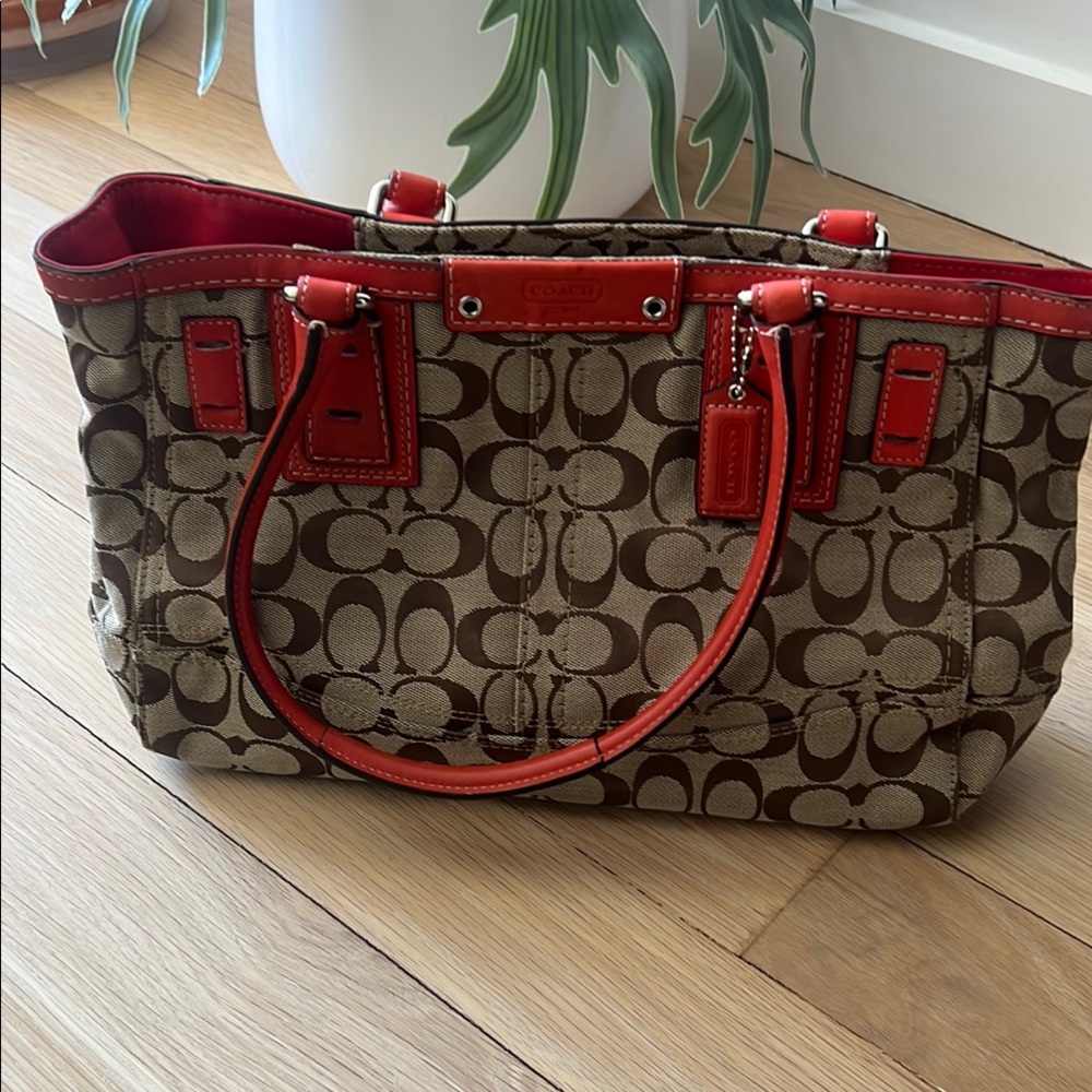 Coach Brown and Red Signature Tote Bag